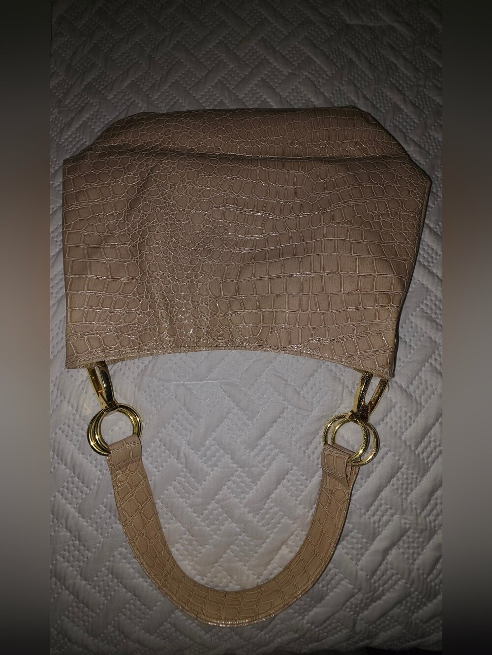 Braciano Glossy Croc-Embossed Beige Shoulder Bag with Gold Hardware